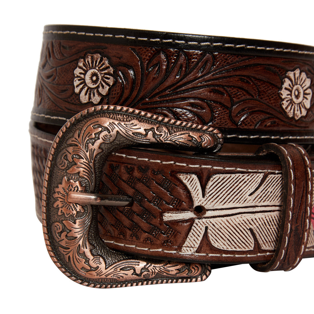 Pink feather  Hand-Tooled  Leather Belt