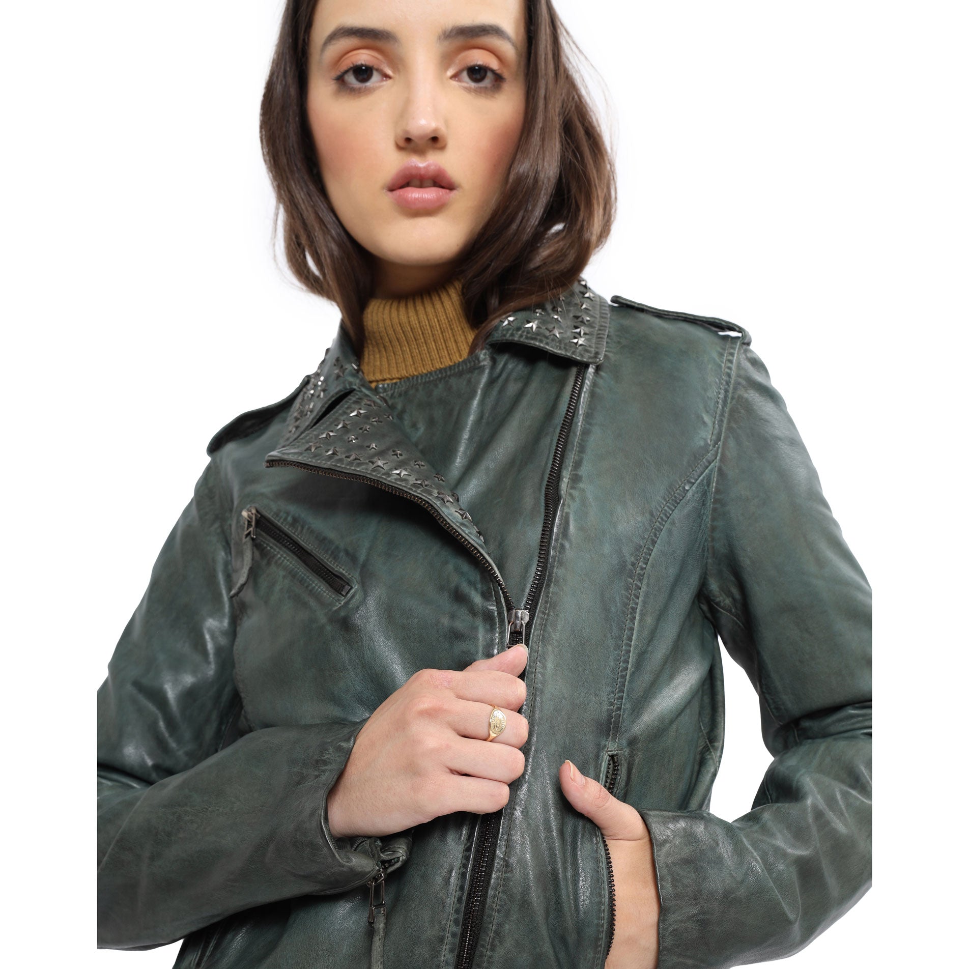 Washed Green Studded  LEATHER Jacket