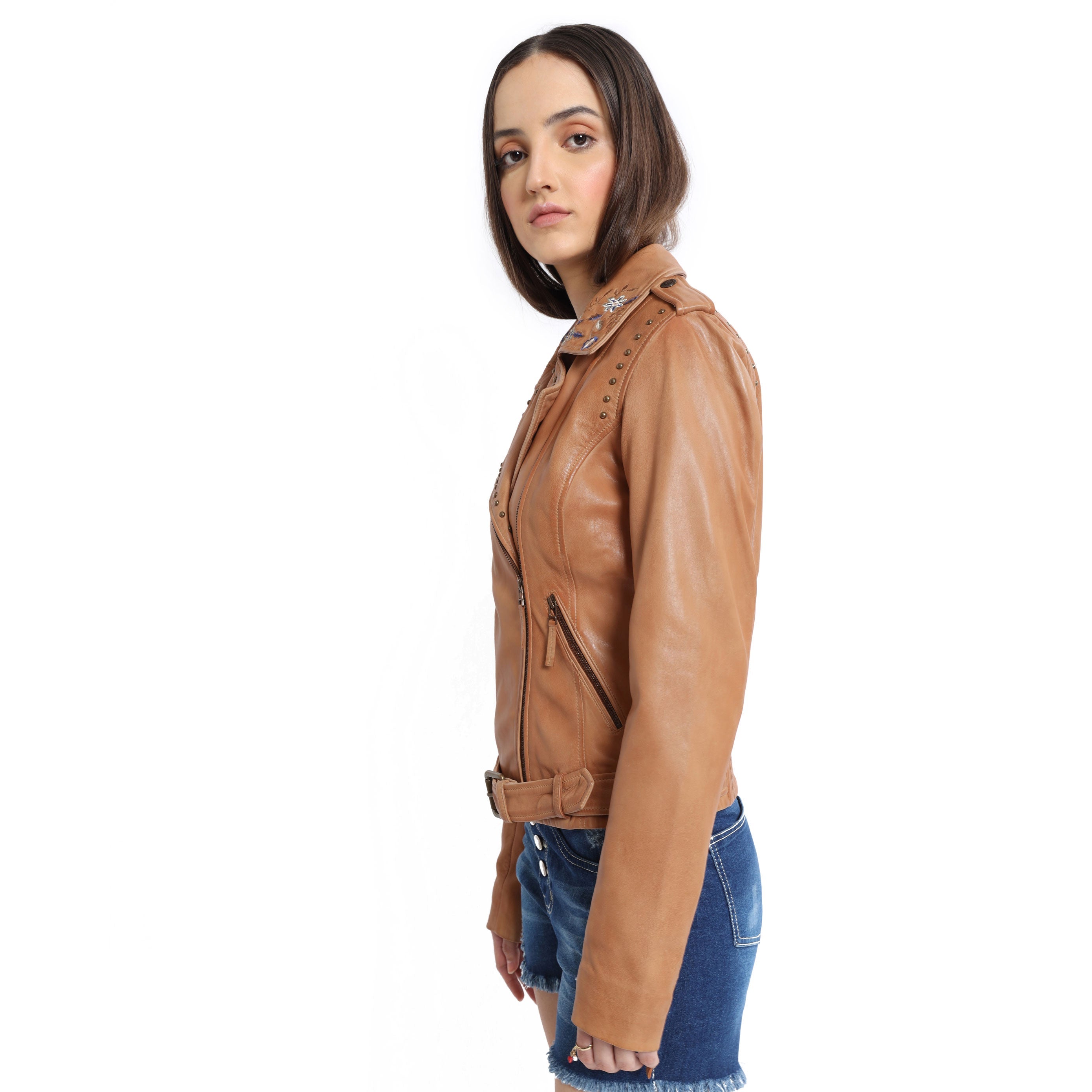 Tanned Embroidered   LEATHER Jacket