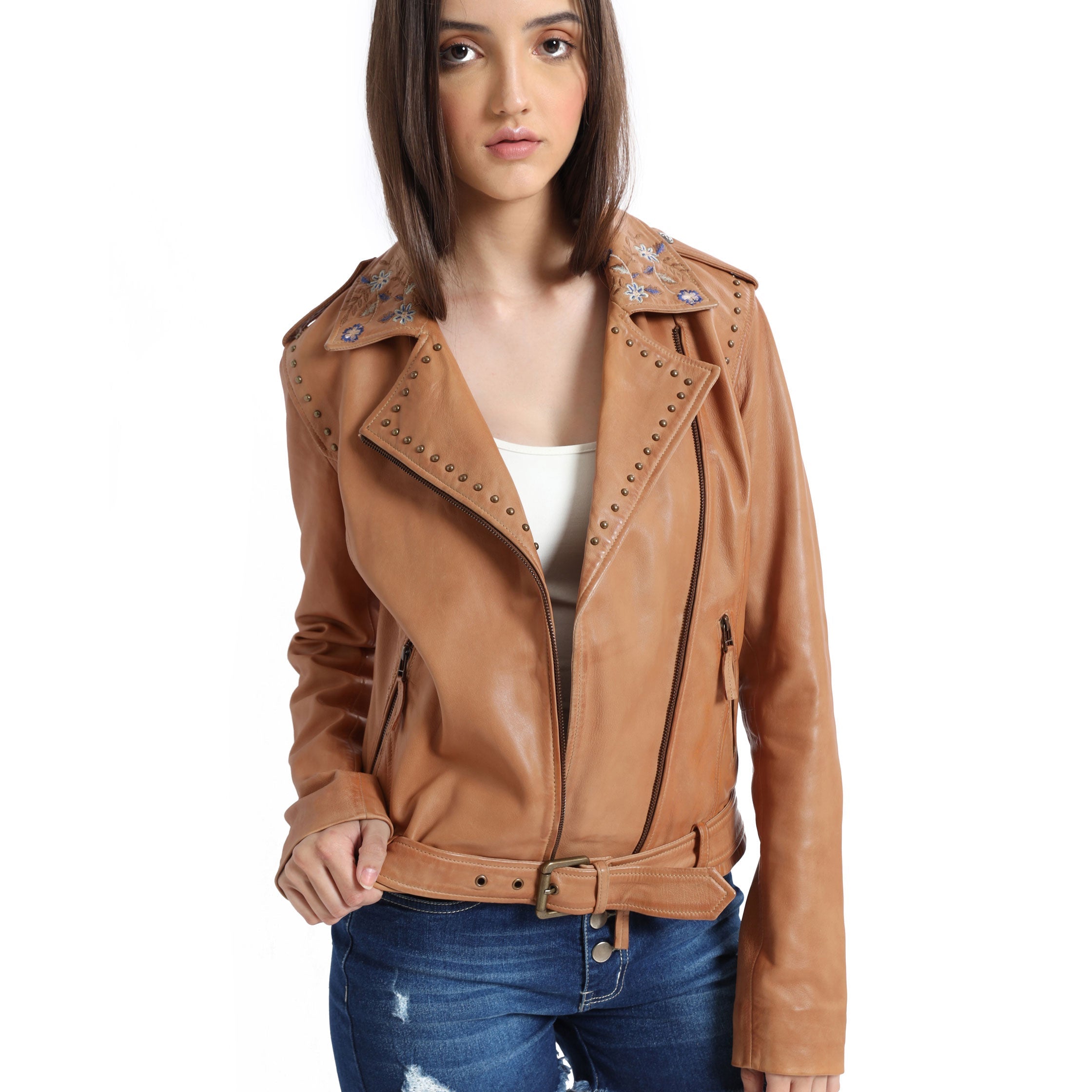 Tanned Embroidered   LEATHER Jacket