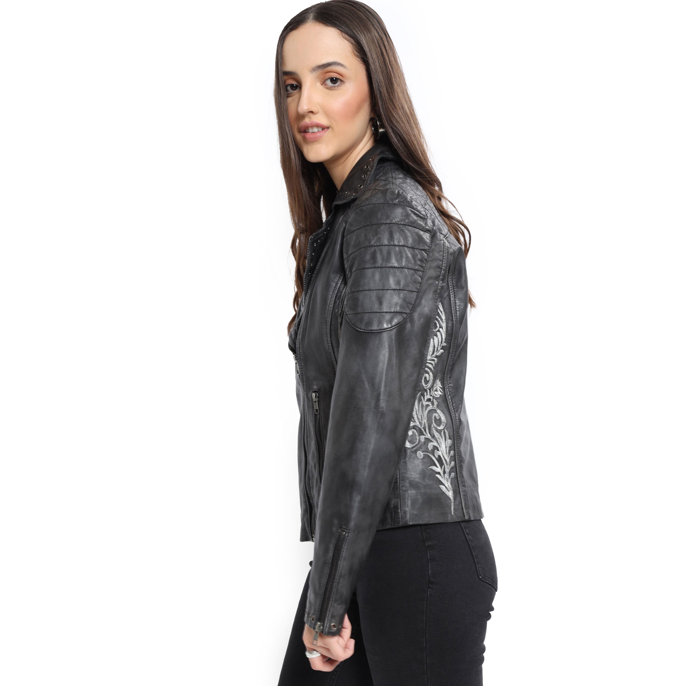 Black Embroidered Biker LEATHER Jacket