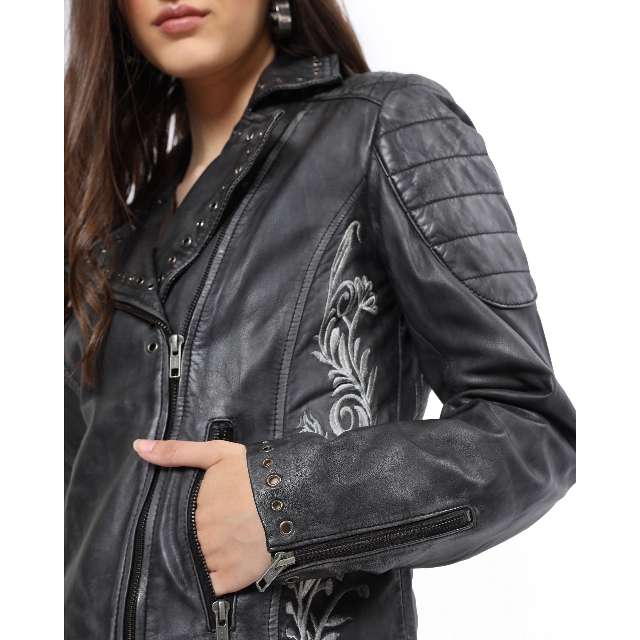 Black Embroidered Biker LEATHER Jacket