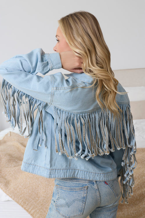 Cassie Fringed Light Wash Denim Jacket