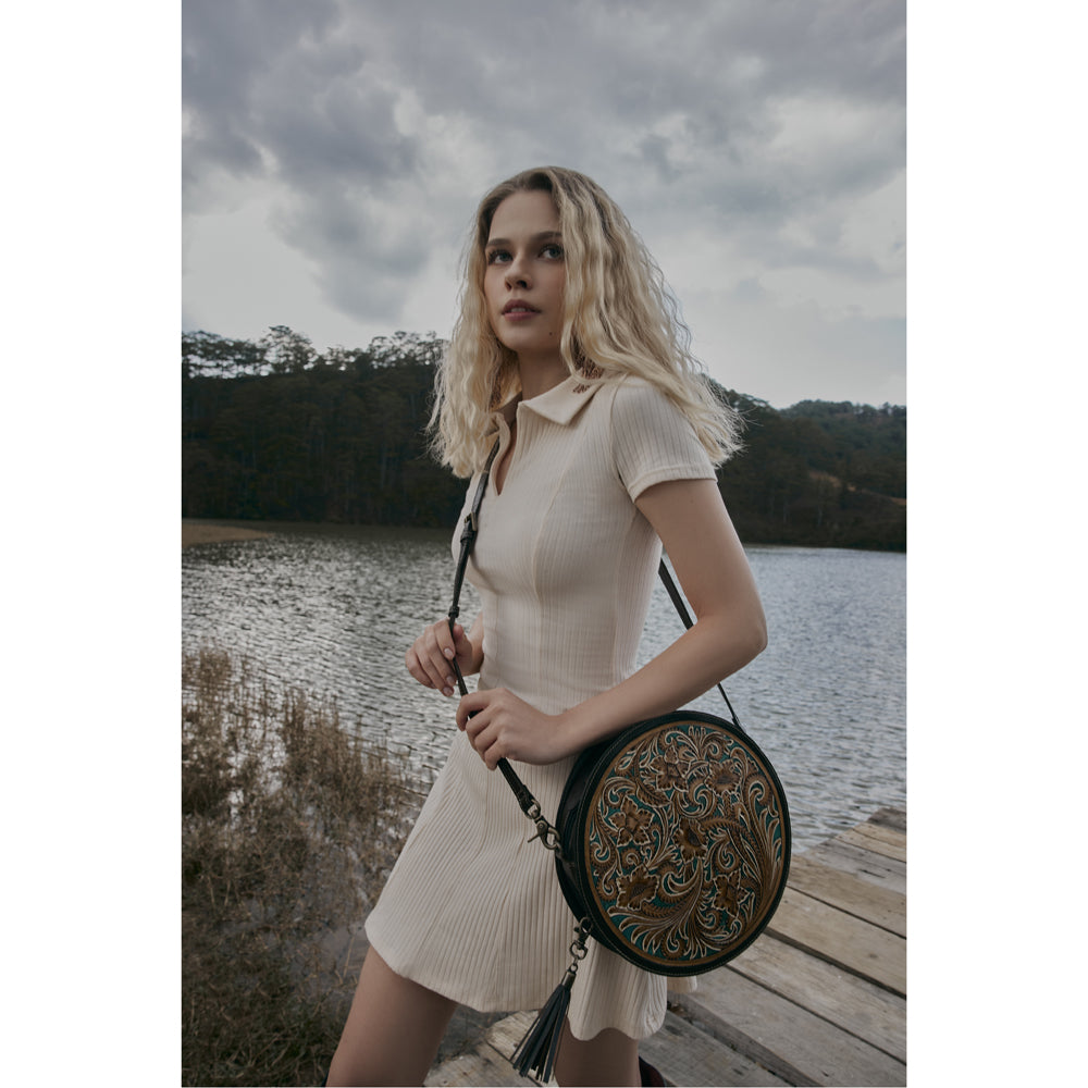 Magnolia Morn Hand-Tooled Round Bag