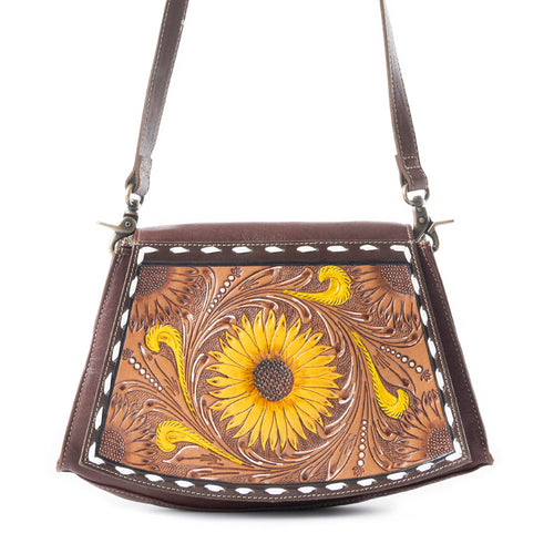 Showy Sunflower Trapezoid  Hand-Tooled  Bag