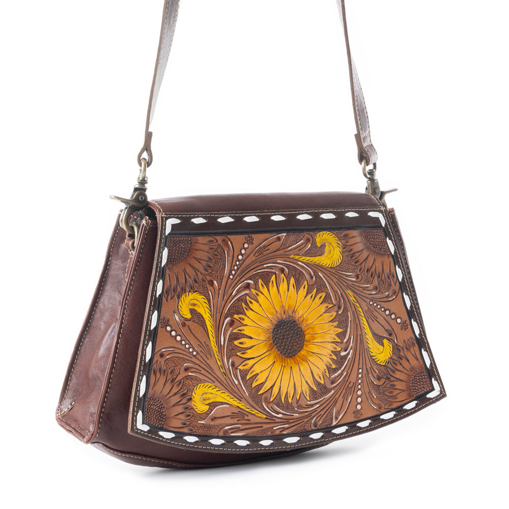 Showy Sunflower Trapezoid  Hand-Tooled  Bag