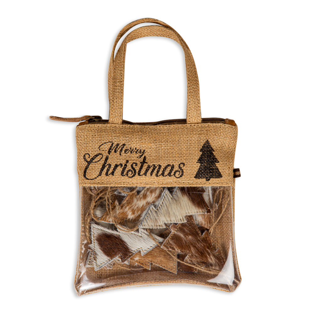 Christmas Tree Hair-On Hide Ornament Set In Brown