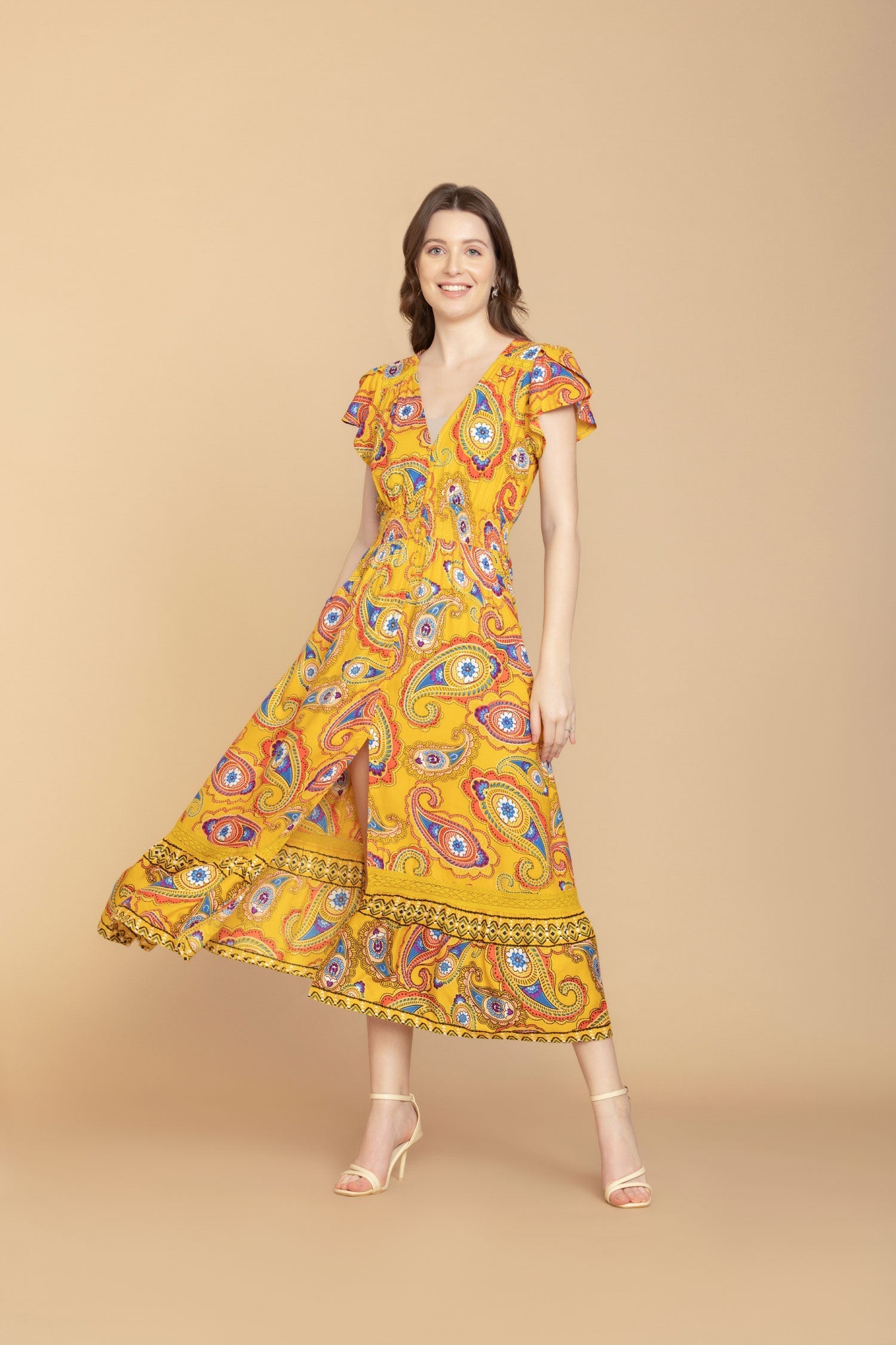 Sunrise Golden Paisley Drop Waist Dress