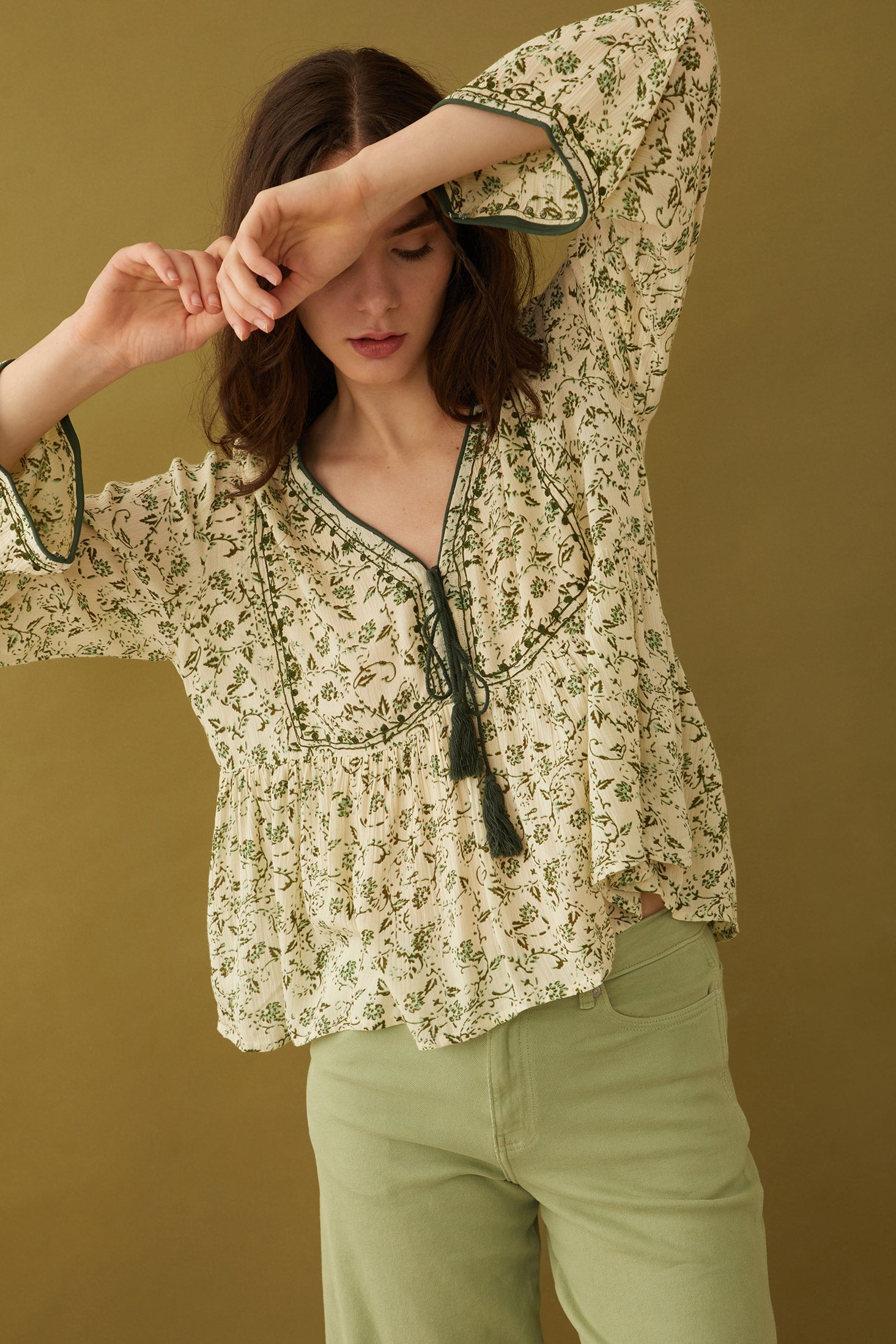 Floral Petals V-Neck Tassled Blouse