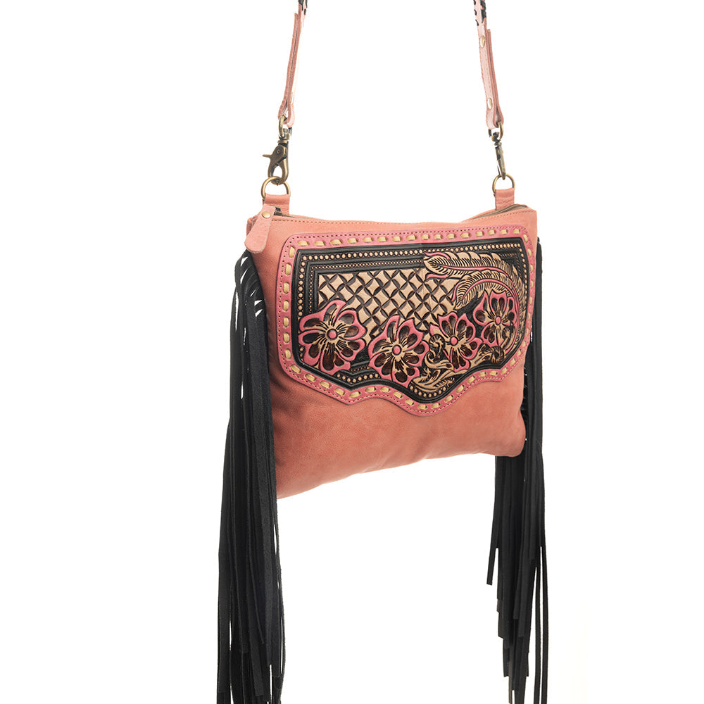 Millstone Fringed Hand-Tooled Bag in Pink