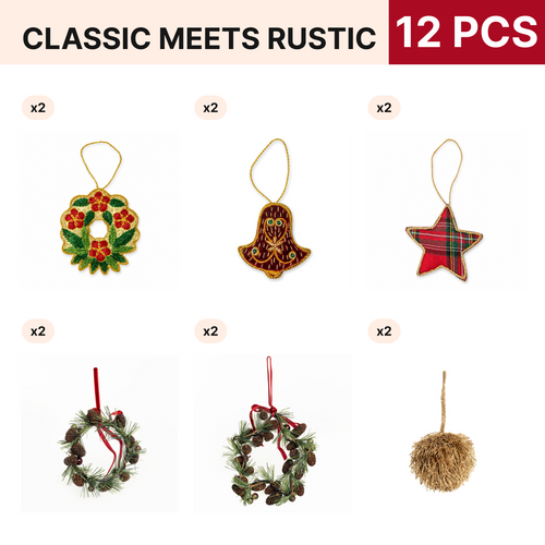 Classic Meets Rustic Christmas Ornament Pack, 12 pieces