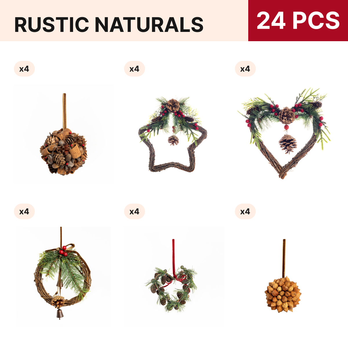 Rustic Naturals Christmas Ornament Pack, 24 pieces