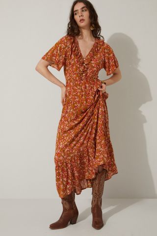 Bohera Bernadette Floral Neck Ruffle Dress