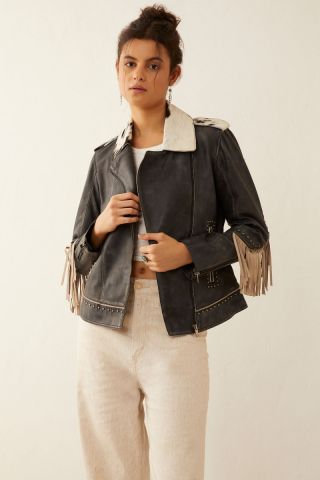 Phoenix Fringed Leather Jacket in Ebony