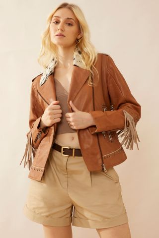 Phoenix Fringed Leather Jacket in Camel