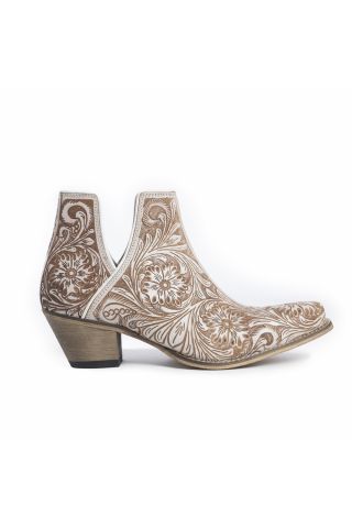 Western Moxie Hand-tooled Booties in White Chocolate