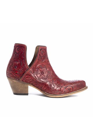 Western Moxie Hand-tooled Booties in Scarlet