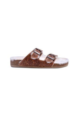 Prairie Winds Hand-tooled Fur Comfort Leather Sandals