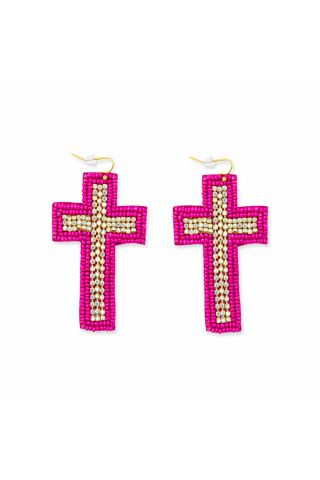 Beaded Cross Dangle Earrings in Magenta