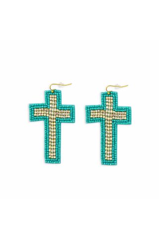 Beaded Cross Dangle Earrings in Teal