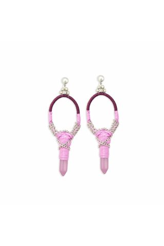 Krystal Key Woven, Beaded Earrings With Crystal Charm in Pink