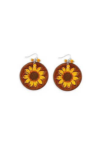 Sunflower Hand-tooled Leather Earrings