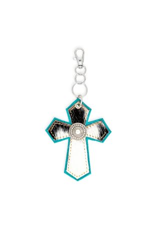 Hair-on Medallion Cross Hide Key Fob in Turquoise