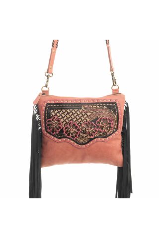 Millstone Fringed Hand-Tooled Bag in Pink
