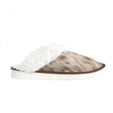 Alamosa Hair-on Hide Lined Slippers in Brown & White