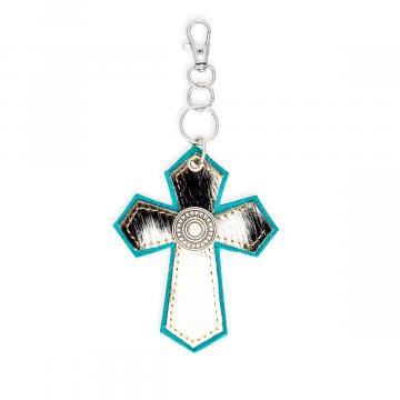 Hair-on Medallion Cross Hide Key Fob in Turquoise